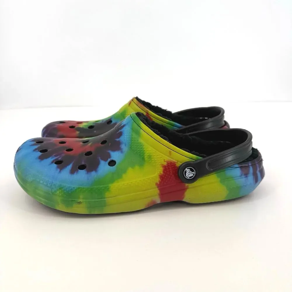 Crocs Tie Dye Classic Lined Clogs Mens Size 13 Multicolor Fuzzy Slippers Shoes